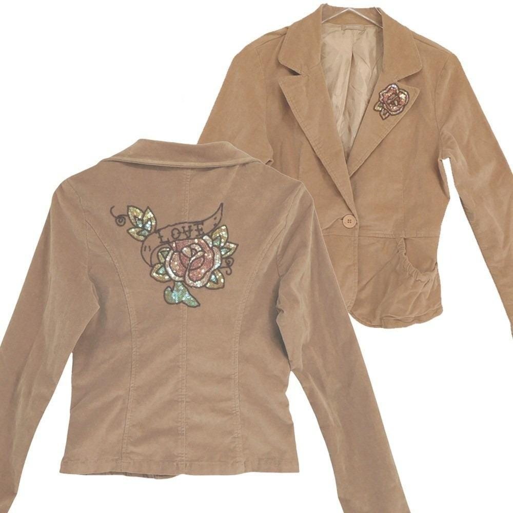00s Vintage Gadzooks y2K Corduroy Jacket Rose Love Sequins Bohemian Tan Womens S